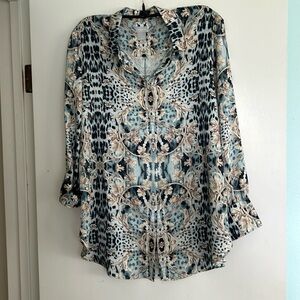 Chicos Silky Button Down Blouse Womens Size 2 Off White and light blue